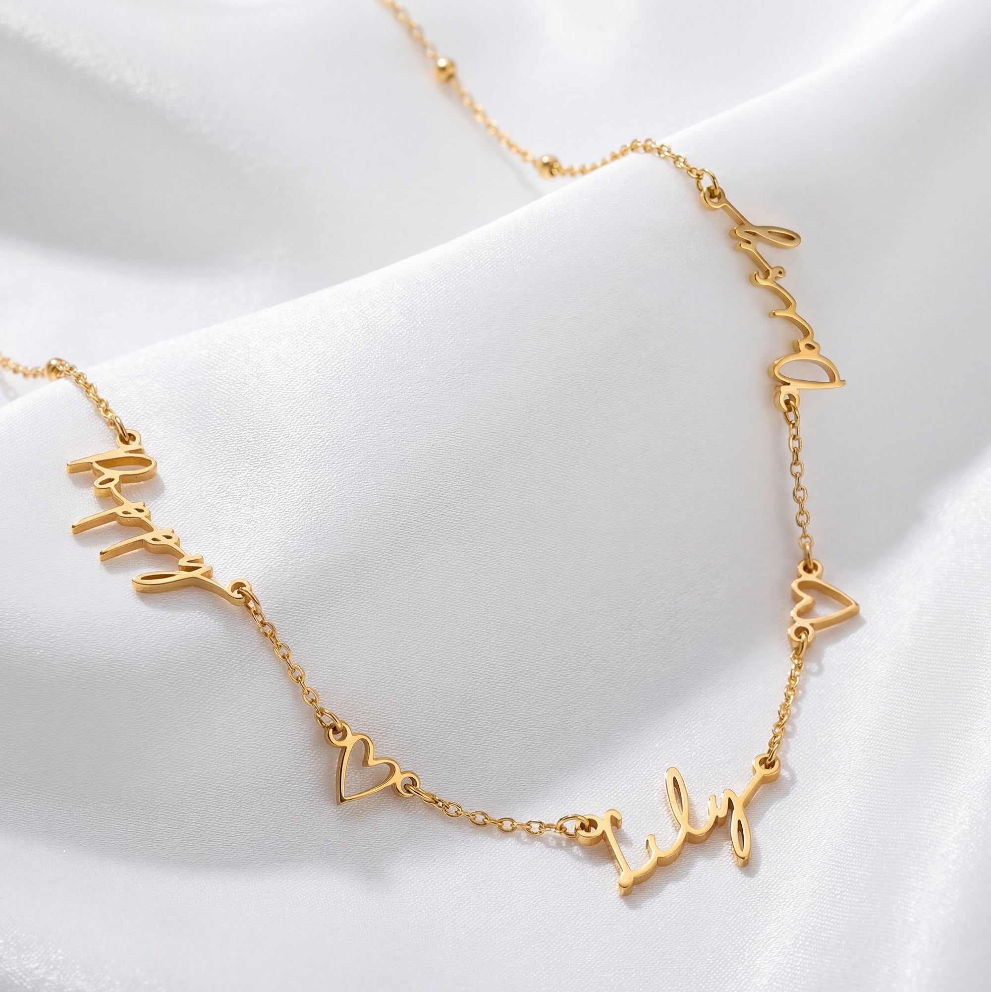 Necklace Triple Name Necklace with Two Hearts HBD Triple Name Necklace with Two Hearts – Custom Personalised Necklace in Gold or Silver