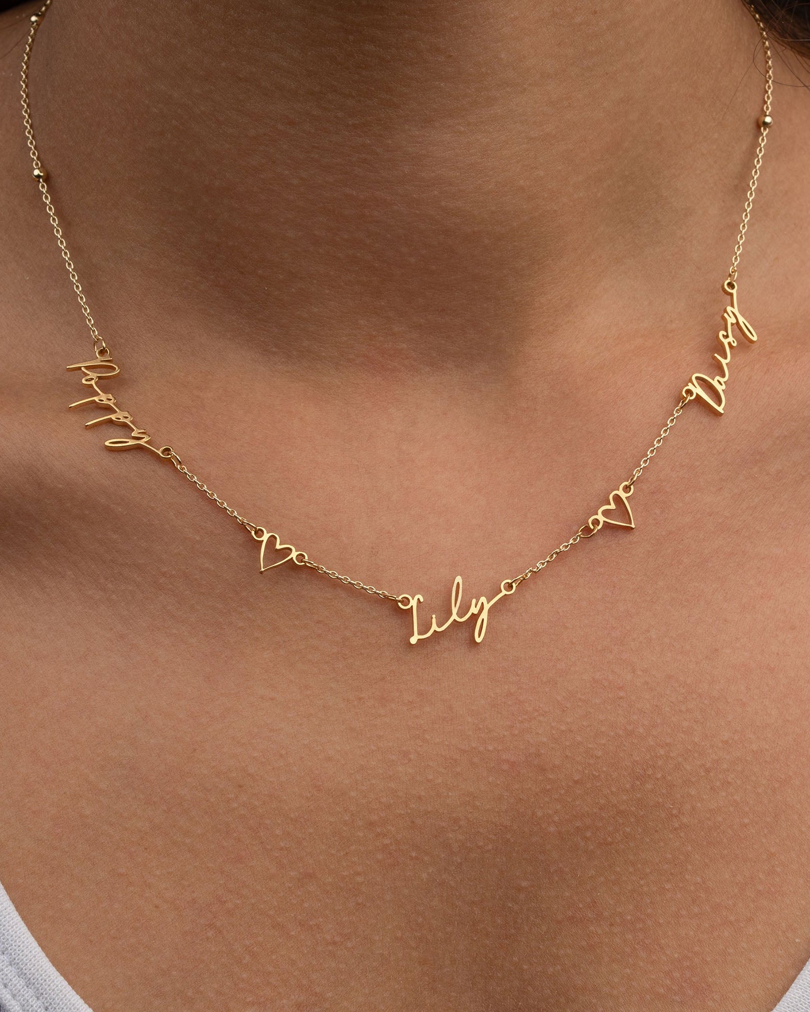 Necklace Triple Name Necklace with Two Hearts HBD Triple Name Necklace with Two Hearts – Custom Personalised Necklace in Gold or Silver