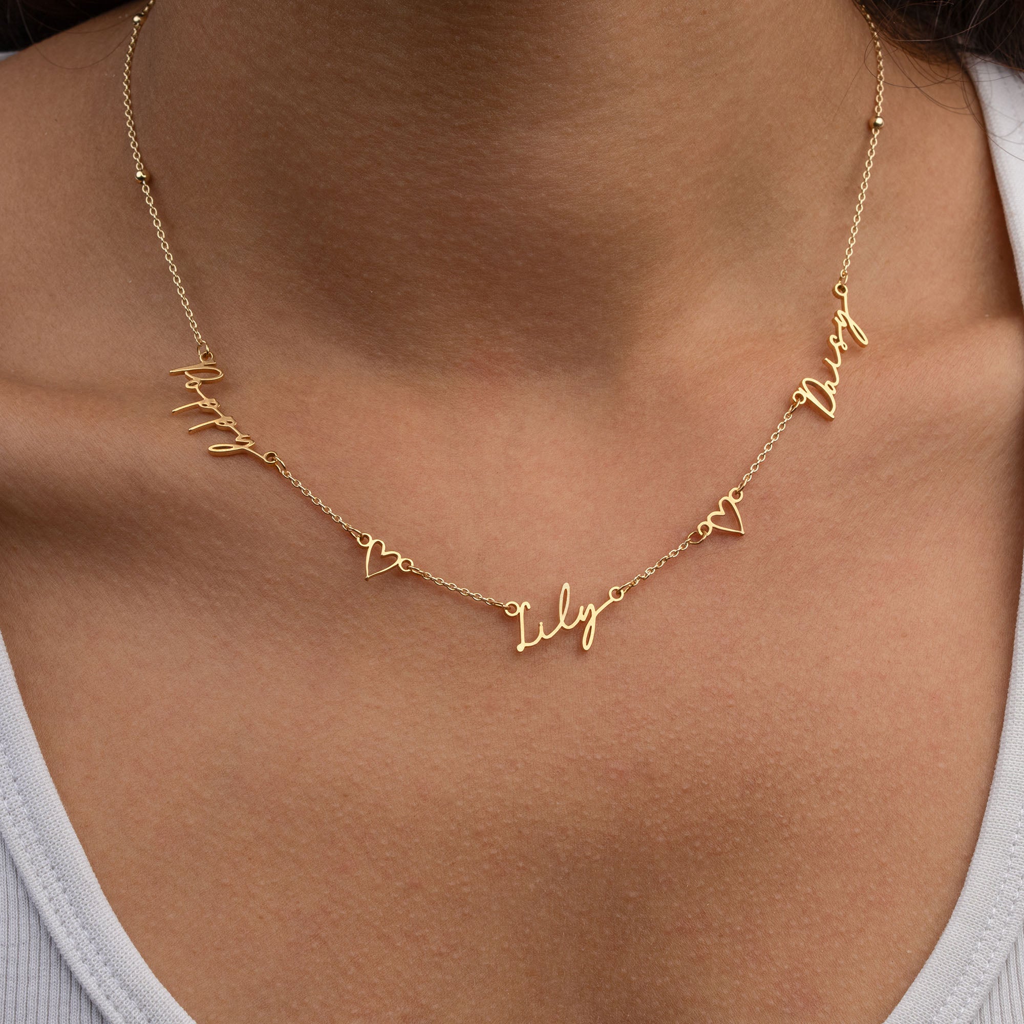 Necklace Triple Name Necklace with Two Hearts HBD Triple Name Necklace with Two Hearts – Custom Personalised Necklace in Gold or Silver
