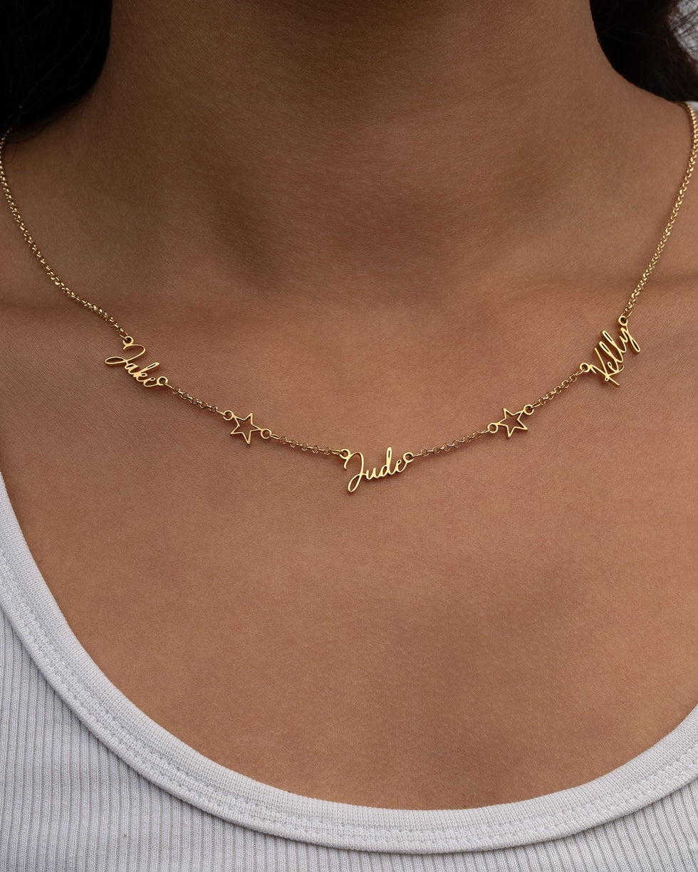 Triple Name Necklace with Two Stars – Custom Personalised Necklace in Gold or Silver