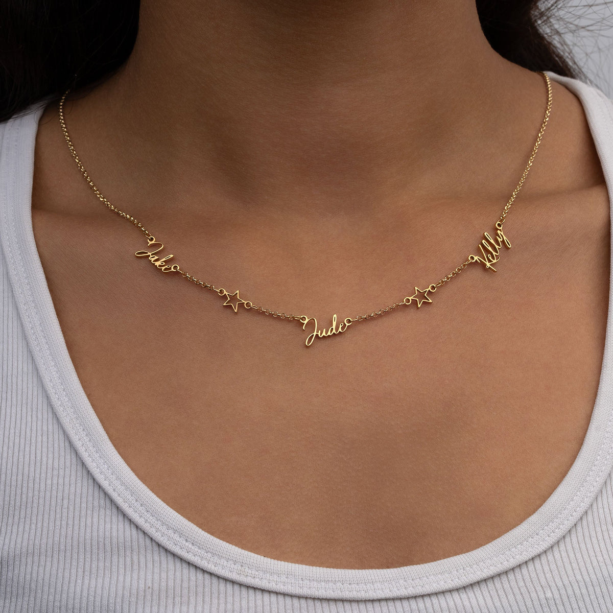 Triple Name Necklace with Two Stars – Custom Personalised Necklace in Gold or Silver