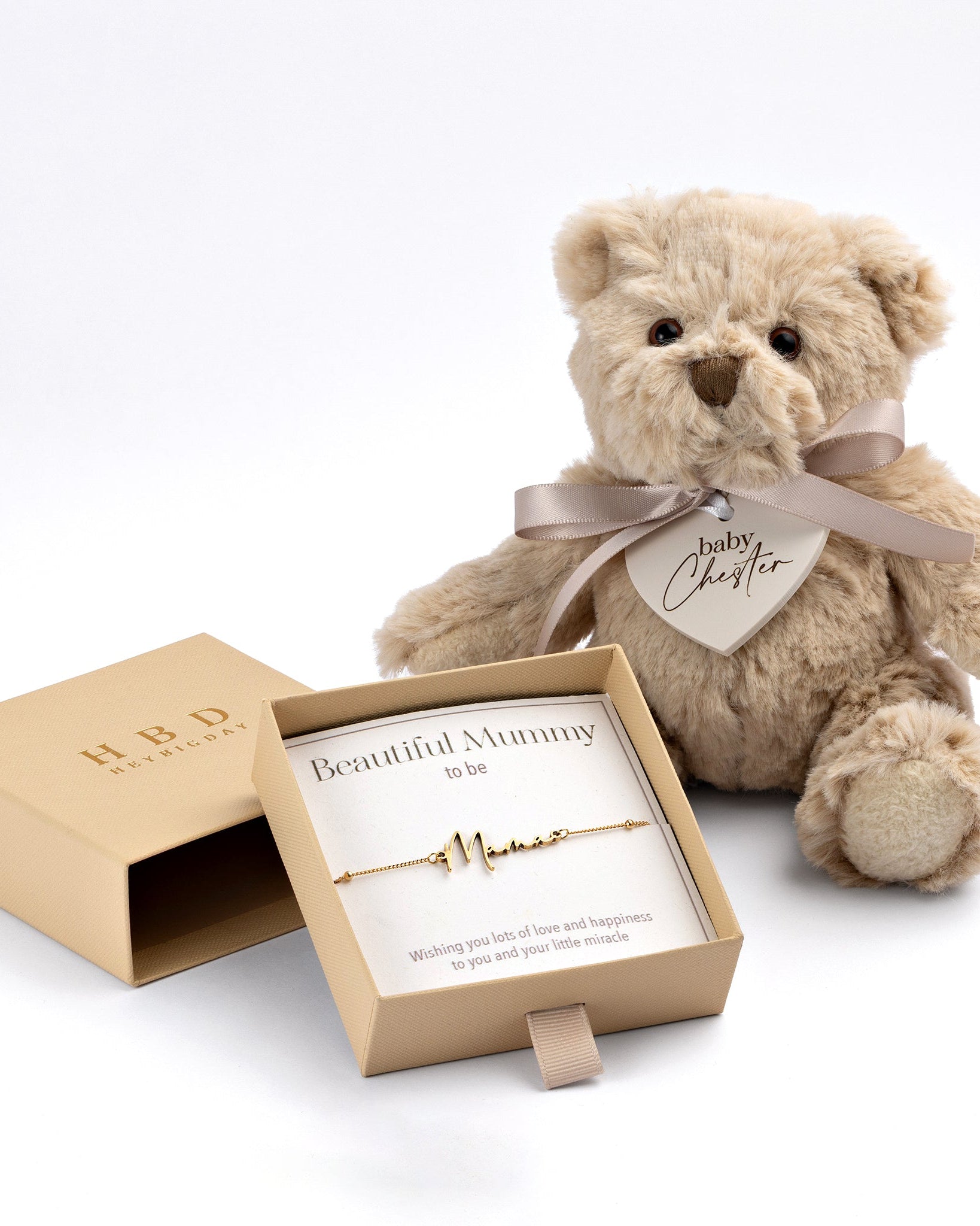 18ct Gold / Style 1 / 6.5" - 8" Inches Bracelet To the Beautiful Mum-to-Be Bracelet Set HBD To the Beautiful Mum-to-Be Bracelet Set & Personalised Teddy Bear
