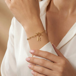 Initial Bracelet with Oval Belcher T-bar Chain & Multiple Charms in Gold or Silver