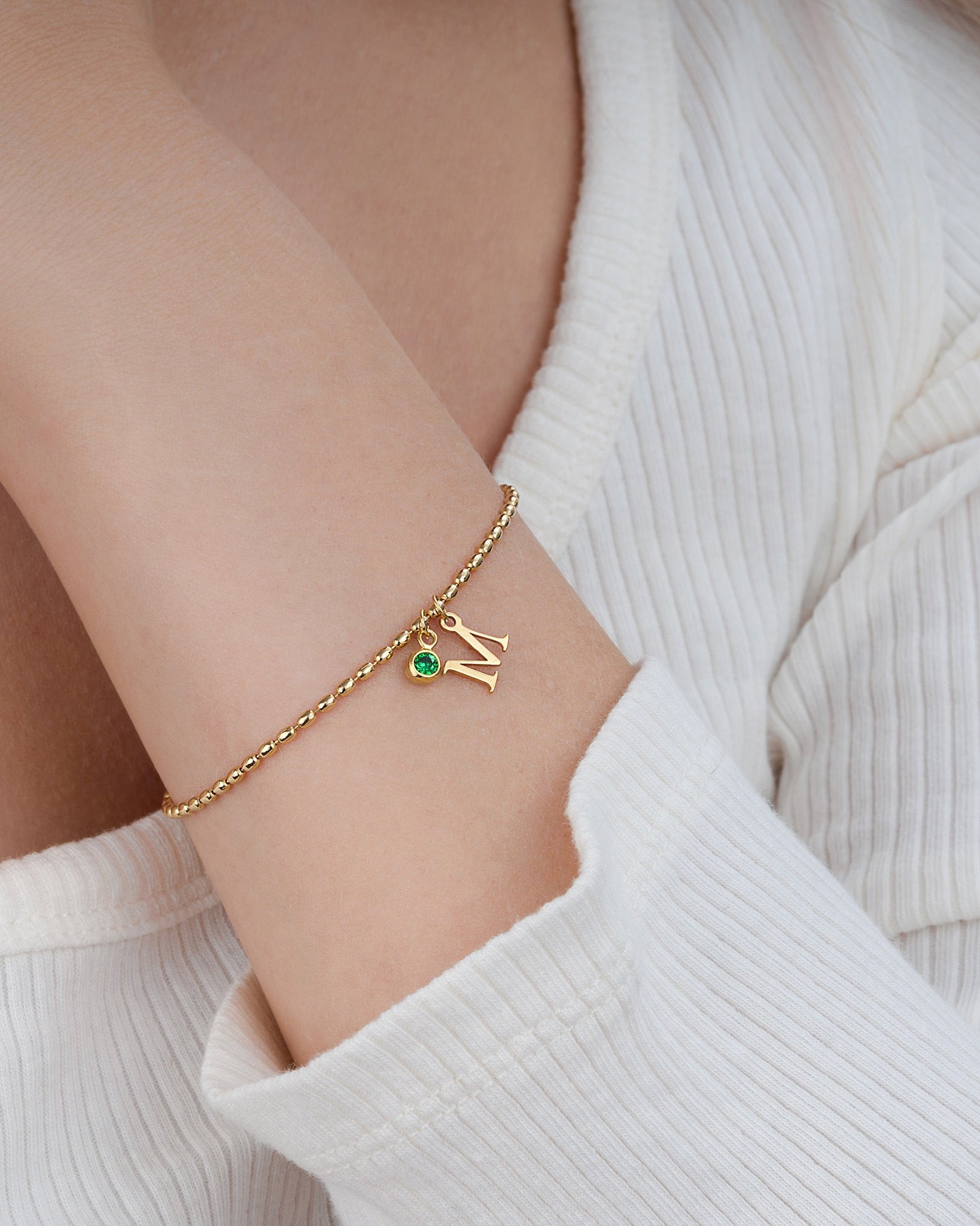 Bracelet Single Initial & Birthstone Bracelet HBD Personalised Single Initial & Birthstone Bracelet in 18ct Gold & Sterling Silver