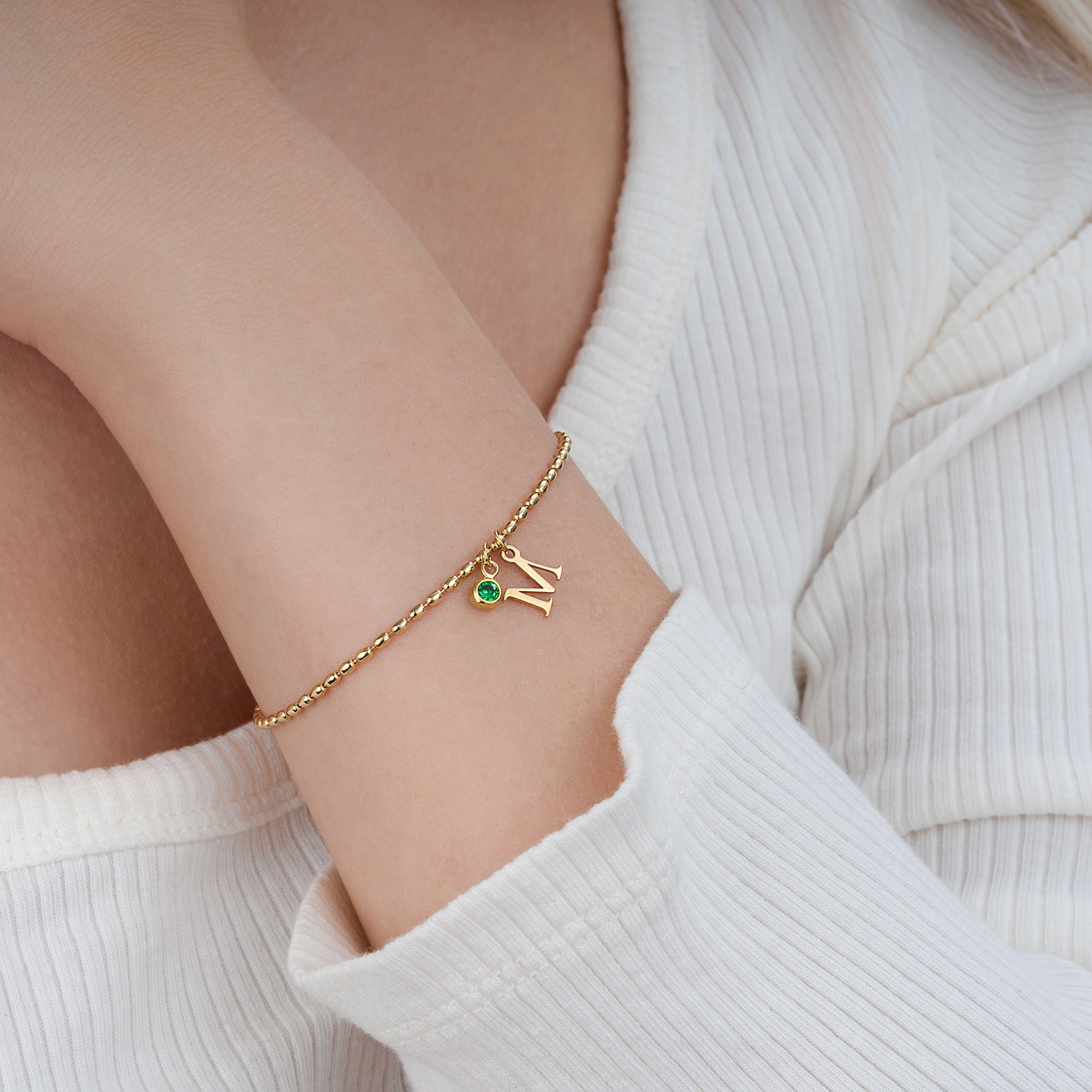 Bracelet Single Initial & Birthstone Bracelet HBD Personalised Single Initial & Birthstone Bracelet in 18ct Gold & Sterling Silver