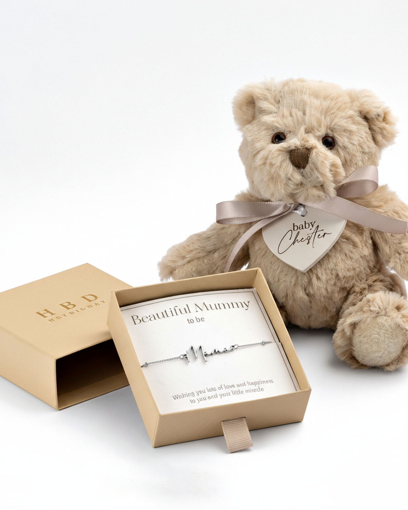 Sterling Silver / Style 1 / 6.5" - 8" Inches Bracelet To the Beautiful Mum-to-Be Bracelet Set HBD To the Beautiful Mum-to-Be Bracelet Set & Personalised Teddy Bear