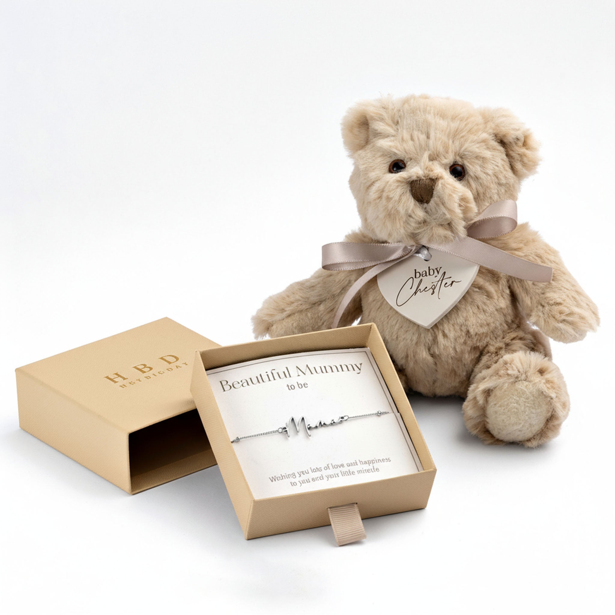 Sterling Silver / Style 1 / 6.5" - 8" Inches Bracelet To the Beautiful Mum-to-Be Bracelet Set HBD To the Beautiful Mum-to-Be Bracelet Set & Personalised Teddy Bear