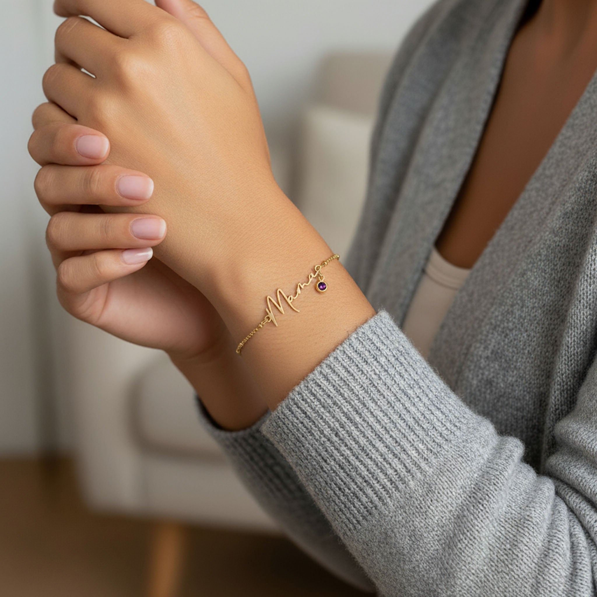 Vermeil / Style 1 / 6.5" - 8" Inches Bracelet Mama Bracelet with Birthstone HBD Mama Bracelet with Optional Birthstone in 3 Chain Styles - 18ct Gold or Sterling Silver