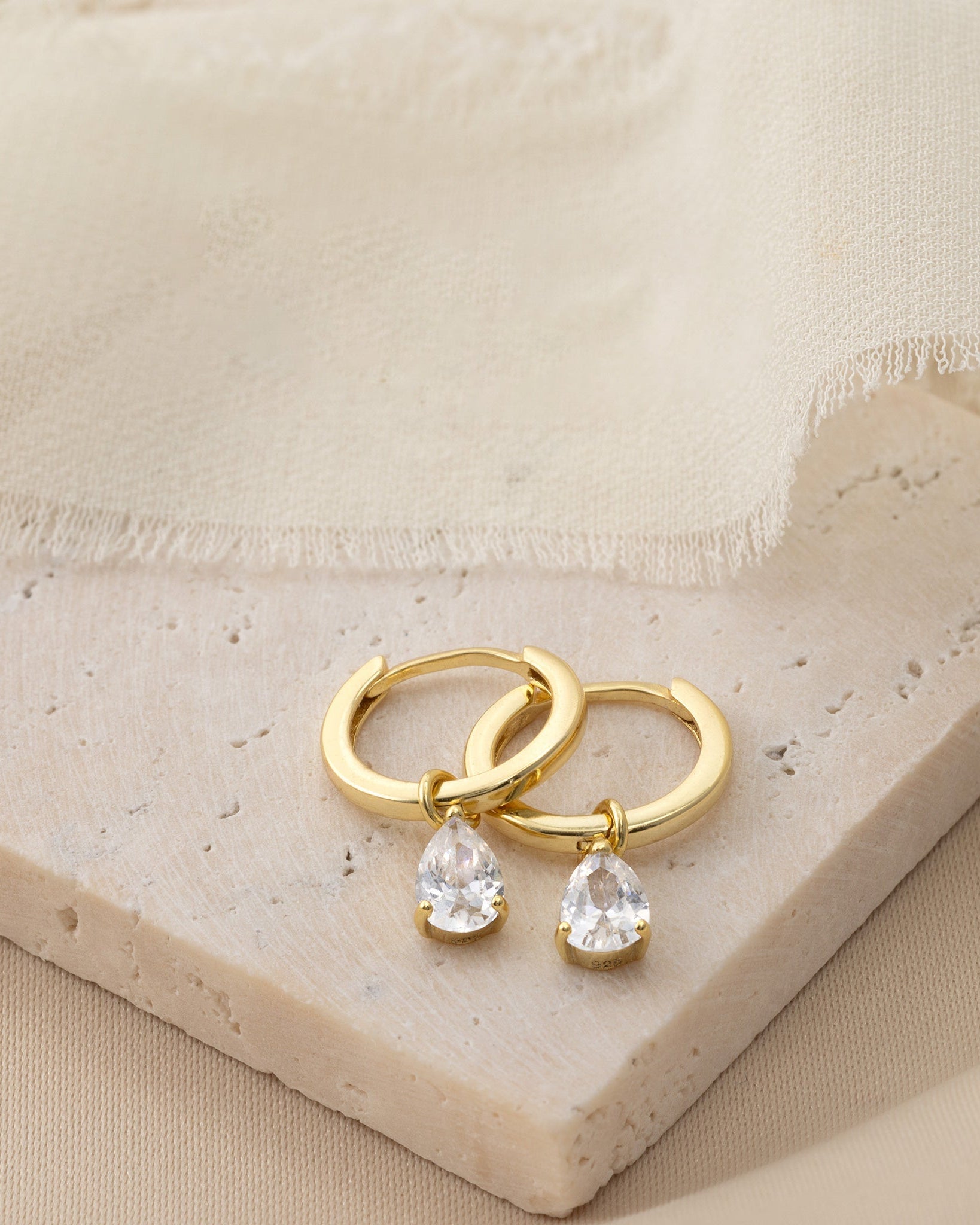 Earrings Hinged Hoop Teardrop Earrings HBD Hinged Hoop with White Cubic Zirconia Teardrop Earrings in Gold & Silver