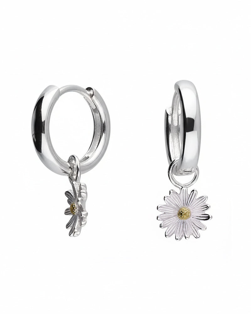 Sterling Silver Earrings Two-tone Daisy Charm Huggie Hoop Earrings HBD Two-tone Daisy Charm Huggie Hoop Earrings