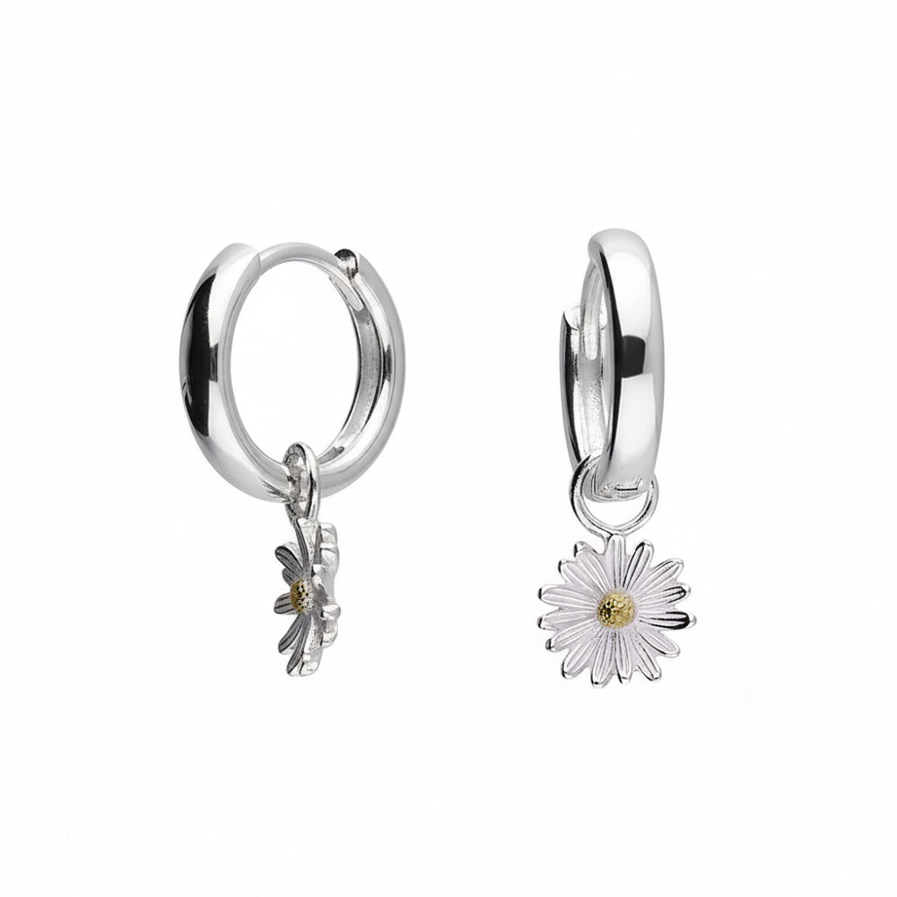 Two-tone Daisy Charm Huggie Hoop Earrings