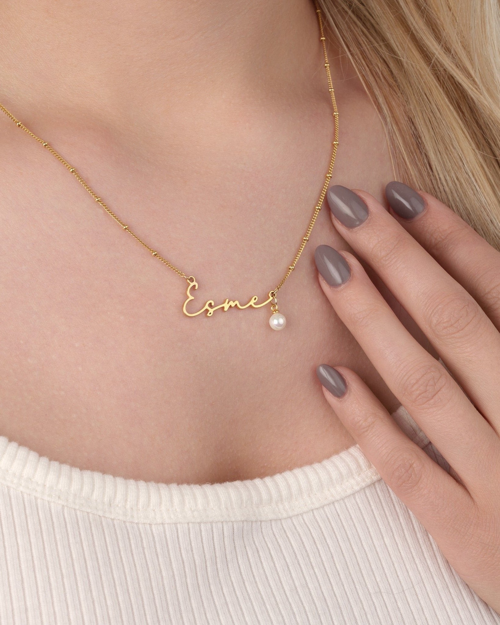 18ct Gold / Style 1 / 15" Inches Necklace Custom Name Necklace & Freshwater Pearl Charm HBD Elegant Pearl Pendant Necklace – Single Pearl on Gold or Silver Chain