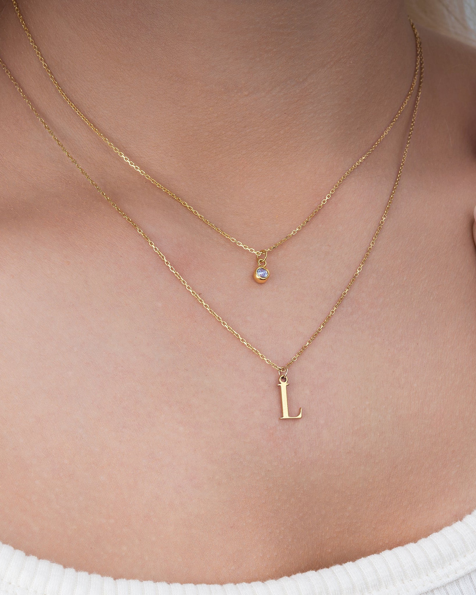 18ct Gold / Style 1 / Style 1 Necklace Personalised Birthstone & Initial Necklace Layered Set of 2 HBD Personalised Birthstone & Initial Necklaces - Layered Set of 2 in 18ct Gold or Sterling Silver