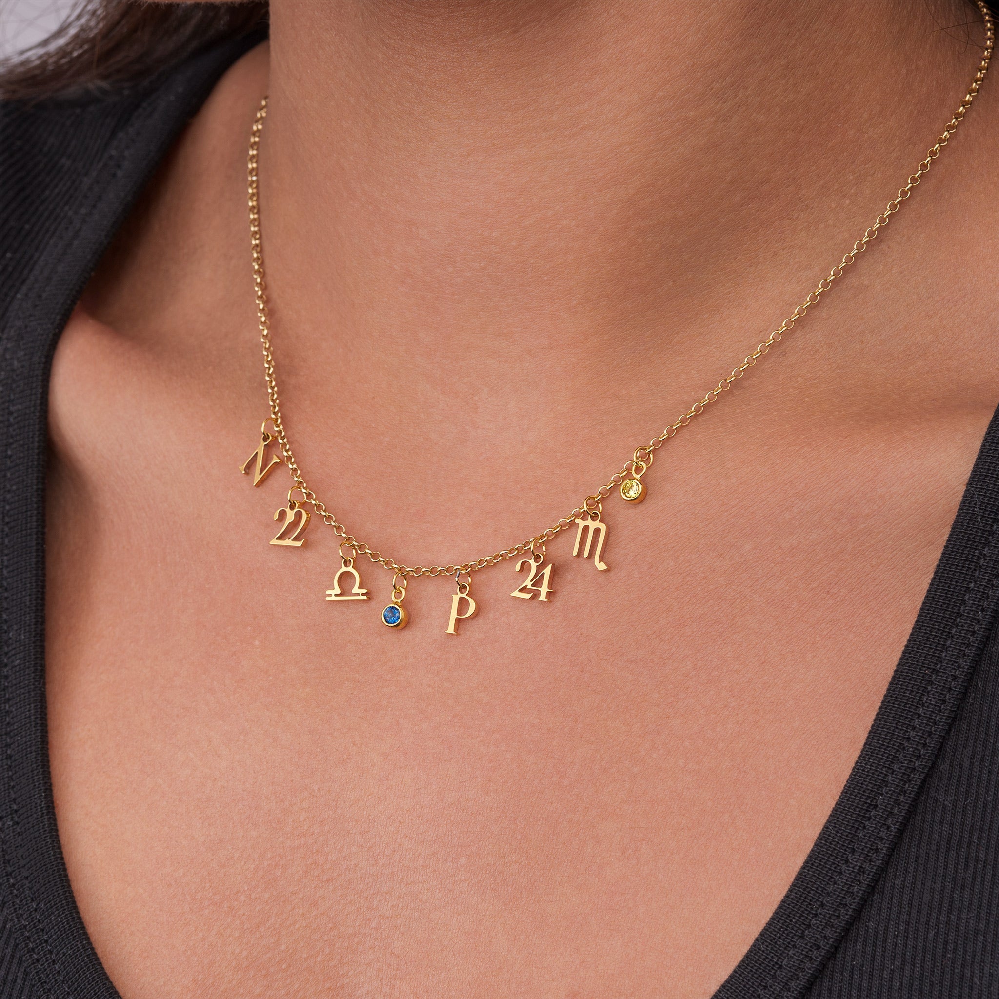 18k Gold / 18" Inches Necklace Story Necklace with Initial, Zodiac, Birthstone & Multiple Charms HBD Story Necklace with Initial, Zodiac, Birthstone & Multiple Charms