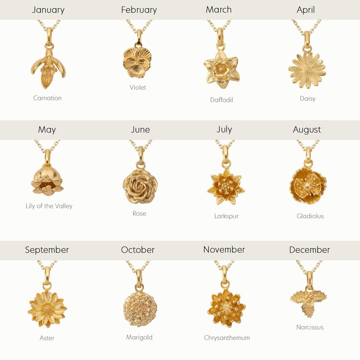 Birth Flower Necklace in 18ct Gold & Sterling Silver. Choose from 12 Birth Flowers in 3 Styles
