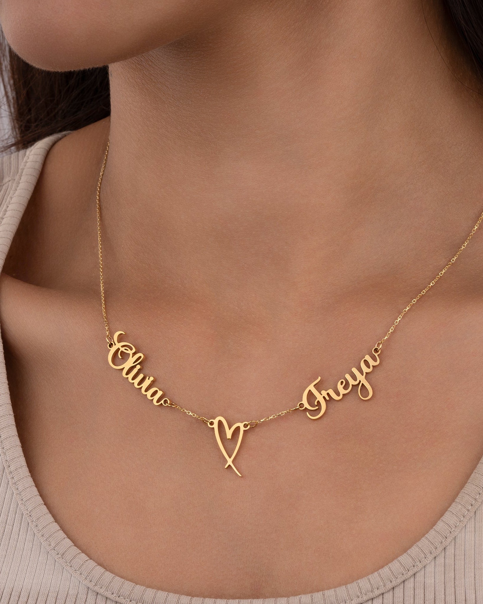 Necklace Double Name with Heart Necklace HBD Double Name with Heart Necklace | Personalised Couples Name & Heart in Gold & Silver - Font2