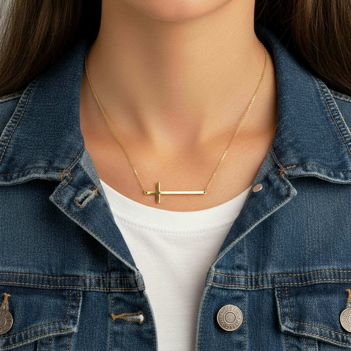 Horizontal Cross Necklace in Gold or Silver – Modern Sideways Cross Pendant