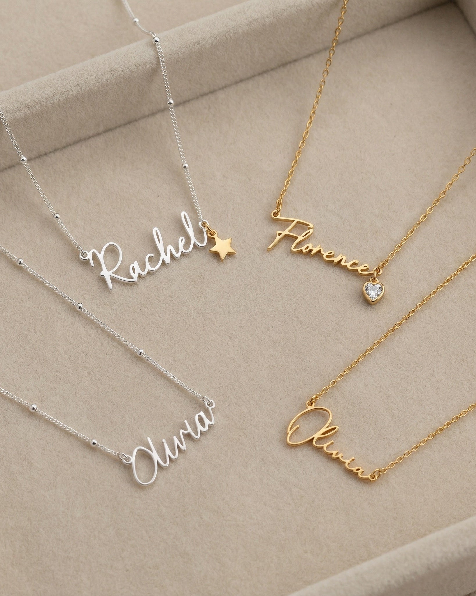 Necklace Custom Name Necklace – Gold, Silver & Vermeil HBD Custom Name Necklace – 9 Designs, 200+ Charms, 7 Lengths & 3 Chain Styles