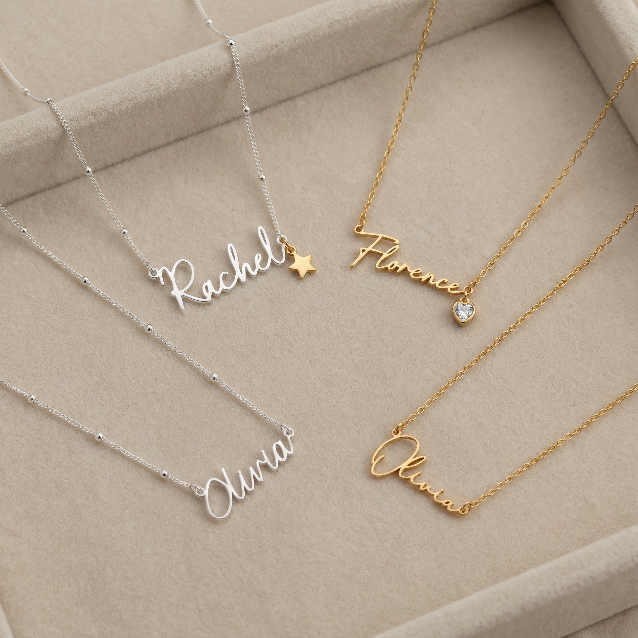 Necklace Custom Name Necklace – Gold, Silver & Vermeil HBD Custom Name Necklace – 9 Designs, 200+ Charms, 7 Lengths & 3 Chain Styles
