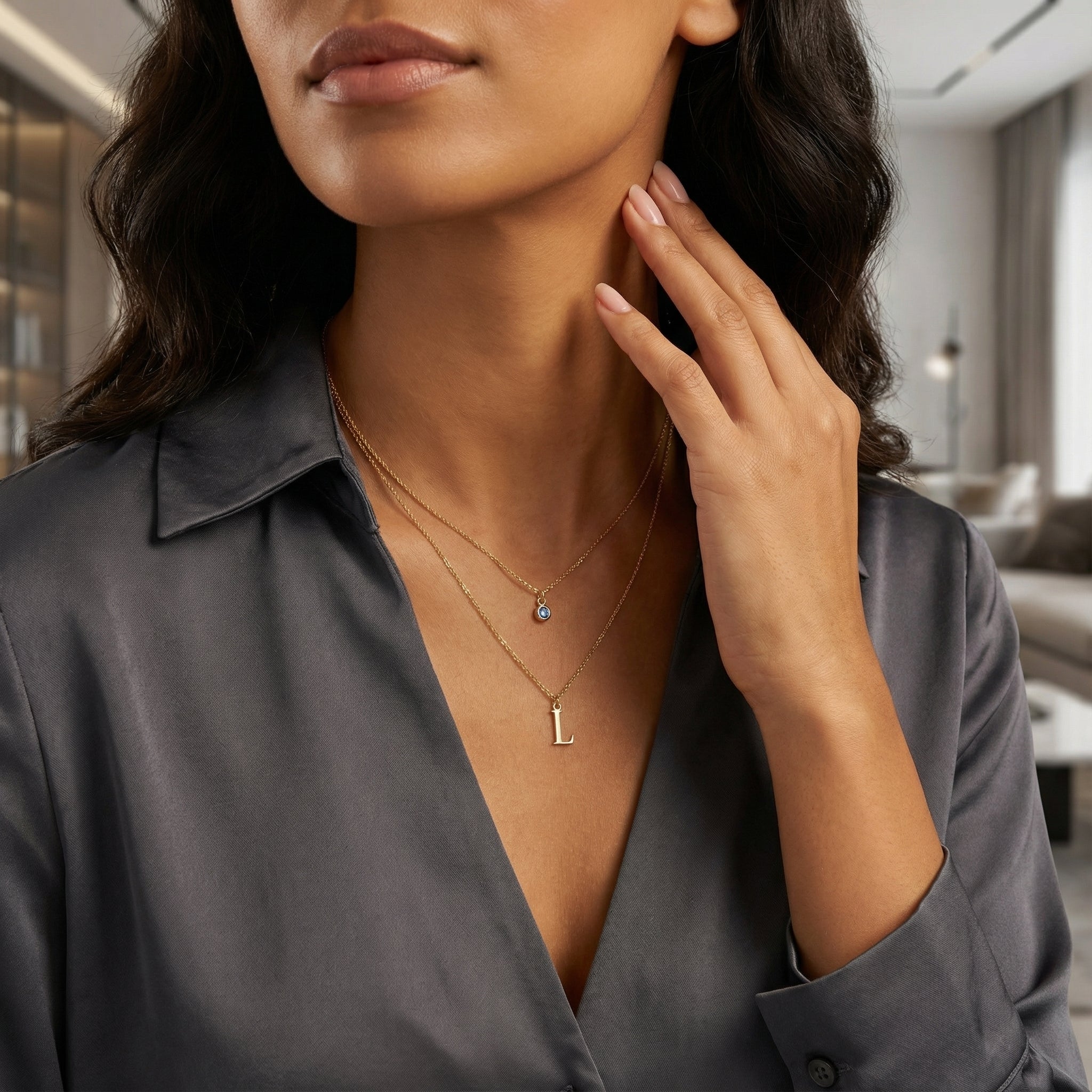 Necklace Personalised Birthstone & Initial Necklace Layered Set of 2 HBD Personalised Birthstone & Initial Necklaces - Layered Set of 2 in 18ct Gold or Sterling Silver