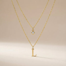 Personalised Birthstone & Initial Necklaces - Layered Set of 2 in 18ct Gold or Sterling Silver