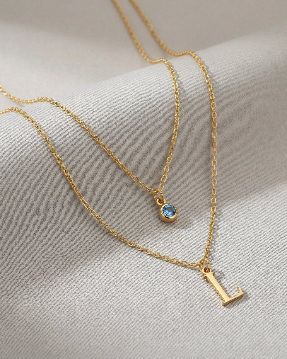 Personalised Birthstone & Initial Necklaces - Layered Set of 2 in 18ct Gold or Sterling Silver