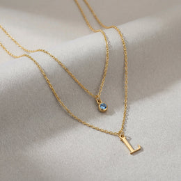 Personalised Birthstone & Initial Necklaces - Layered Set of 2 in 18ct Gold or Sterling Silver