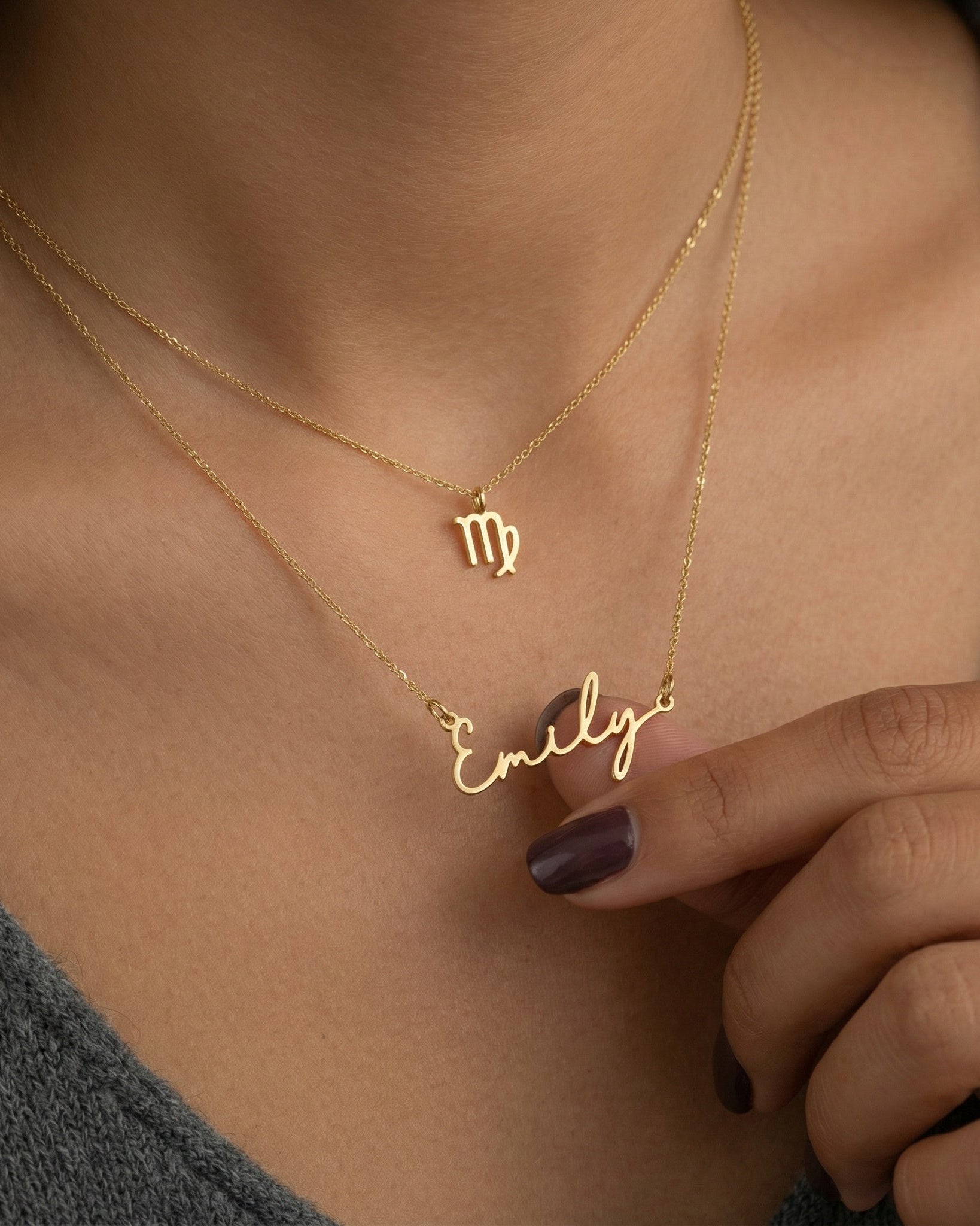 Necklace Signature Name & Zodiac Necklace Set HBD Signature Name & Star Sign Necklace Set – Personalised Pair in Gold or Silver