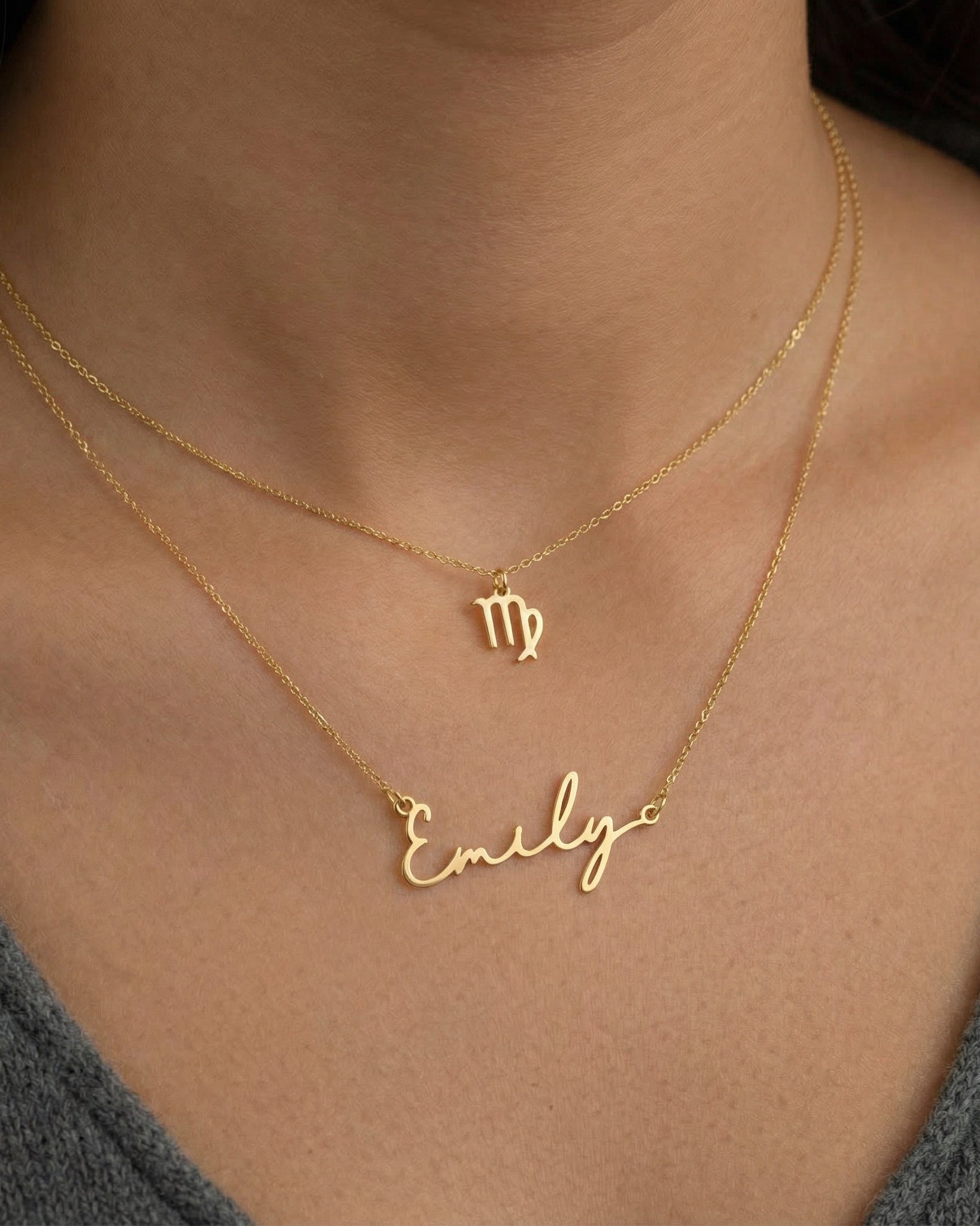 Necklace Signature Name & Zodiac Necklace Set HBD Signature Name & Star Sign Necklace Set – Personalised Pair in Gold or Silver