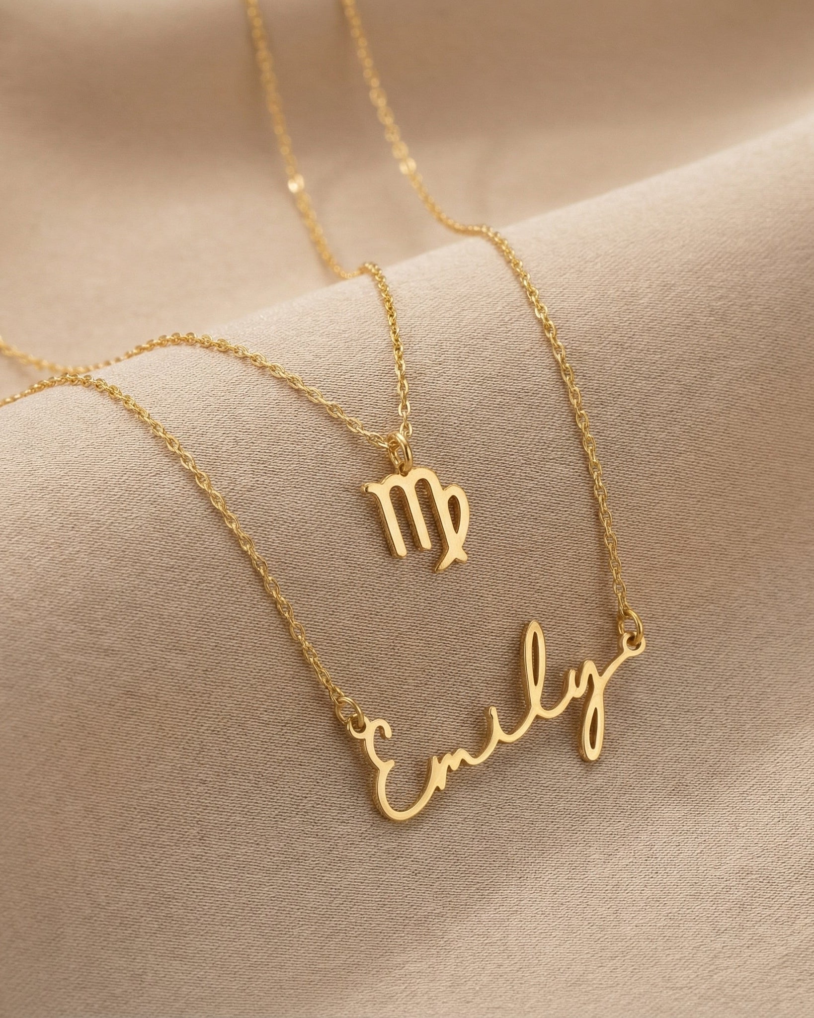 Necklace Signature Name & Zodiac Necklace Set HBD Signature Name & Star Sign Necklace Set – Personalised Pair in Gold or Silver