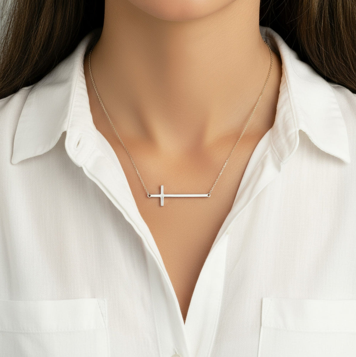 Horizontal Cross Necklace in Gold or Silver – Modern Sideways Cross Pendant