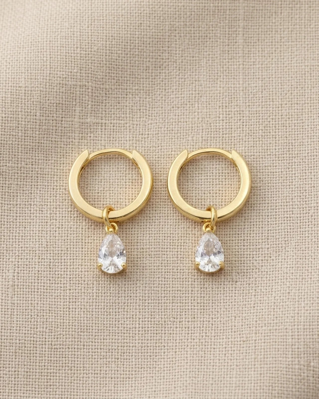 Hinged Hoop with White Cubic Zirconia Teardrop Earrings in Gold & Silver