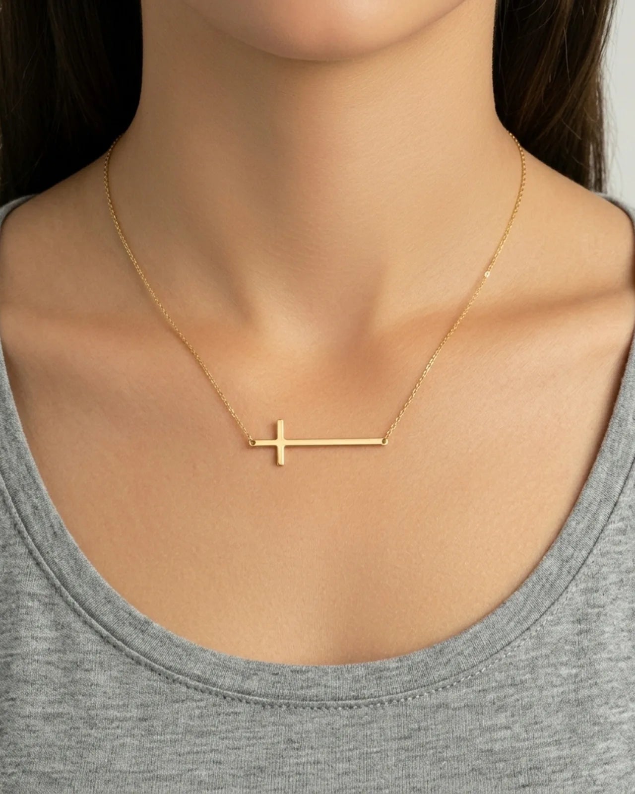 Horizontal Cross Necklace in Gold or Silver – Modern Sideways Cross Pendant