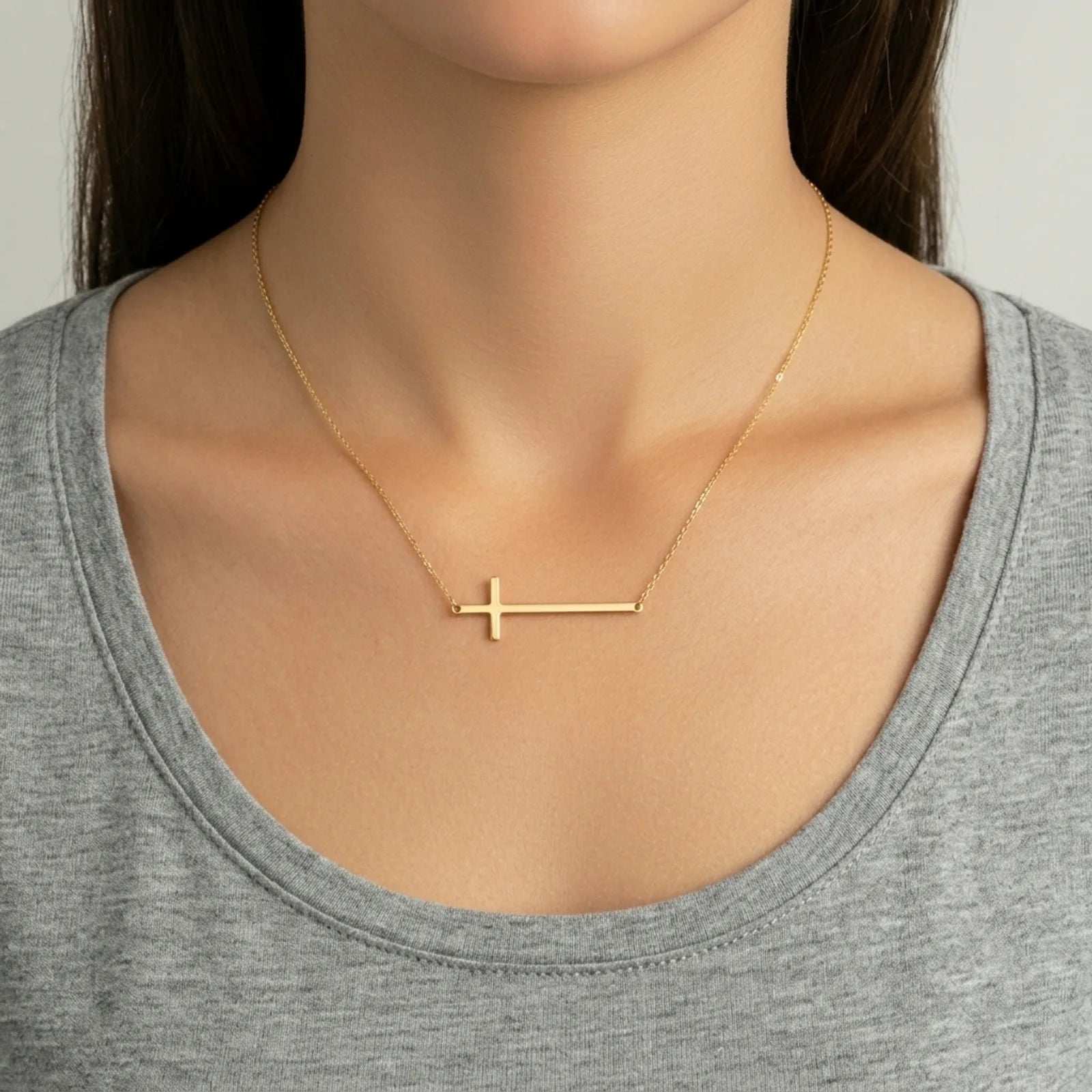 Horizontal Cross Necklace in Gold or Silver – Modern Sideways Cross Pendant