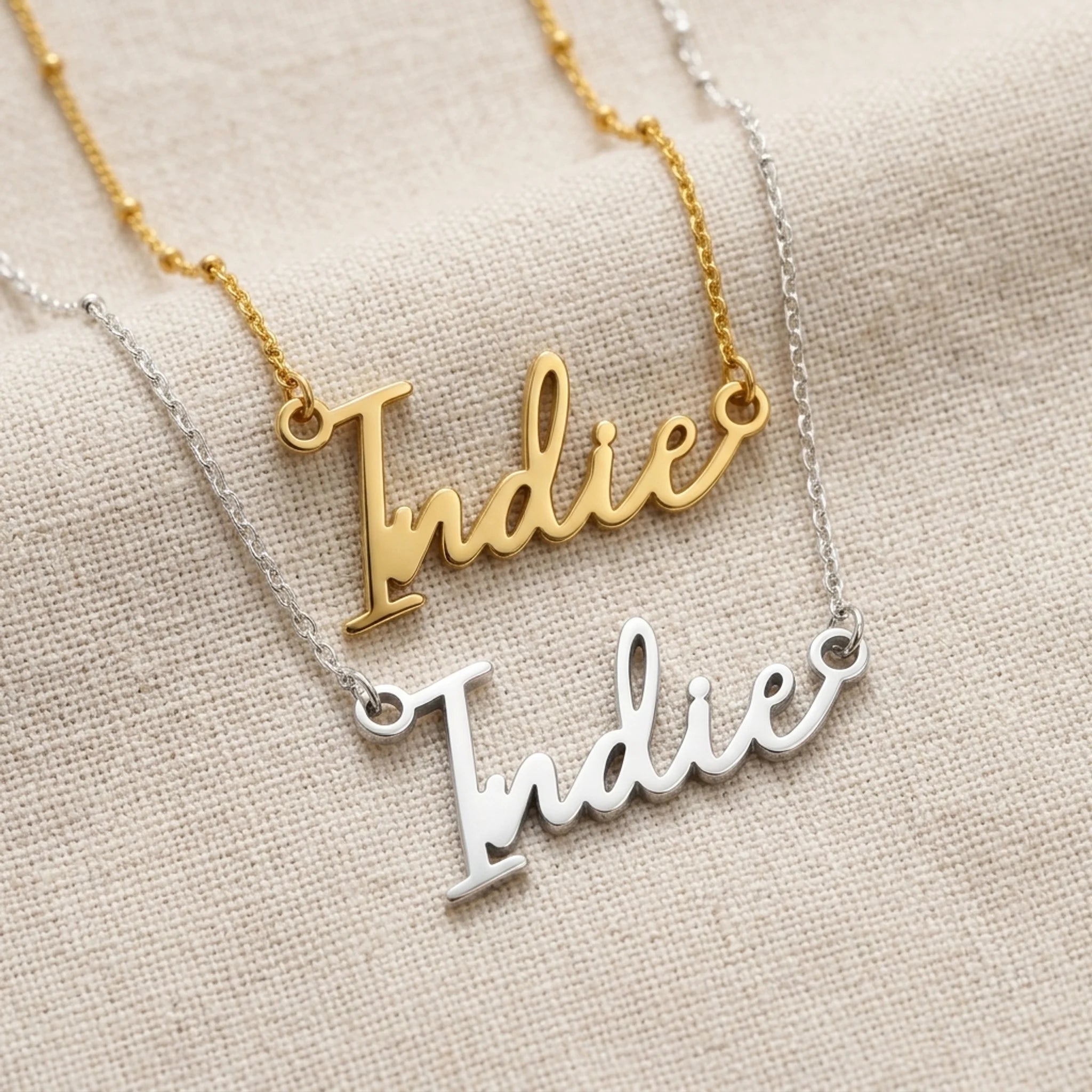 Indie Name Necklace | 18ct Gold, Silver & Vermeil | Ready to Ship