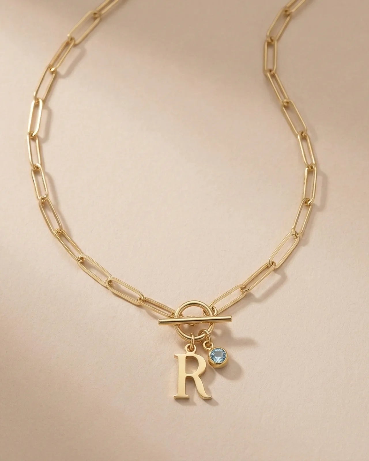 Initial Necklace with Oval Belcher T-bar Chain & Multiple Charms in Gold or Silver