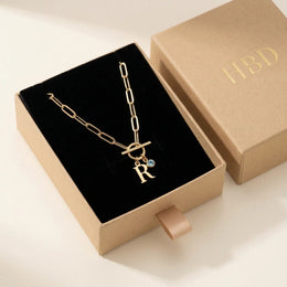 Initial Necklace with Oval Belcher T-bar Chain & Multiple Charms in Gold or Silver