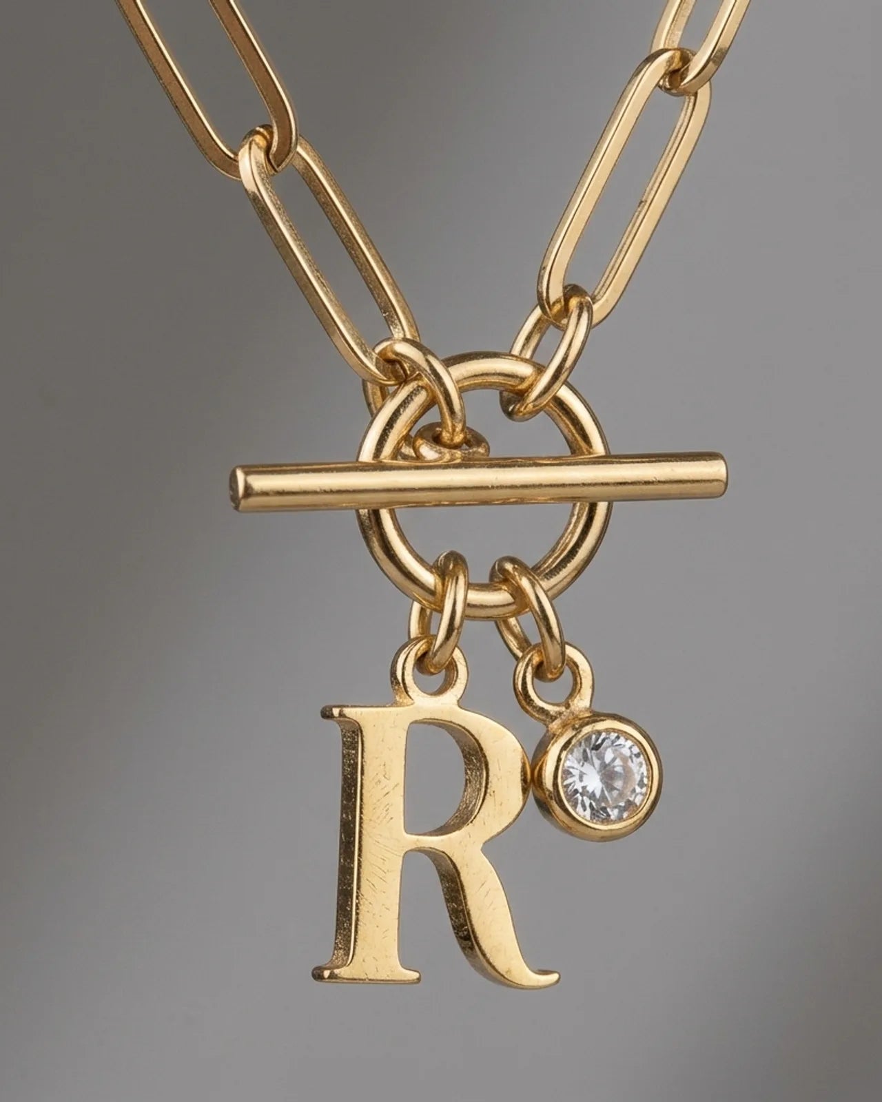 Initial Necklace with Oval Belcher T-bar Chain & Multiple Charms in Gold or Silver
