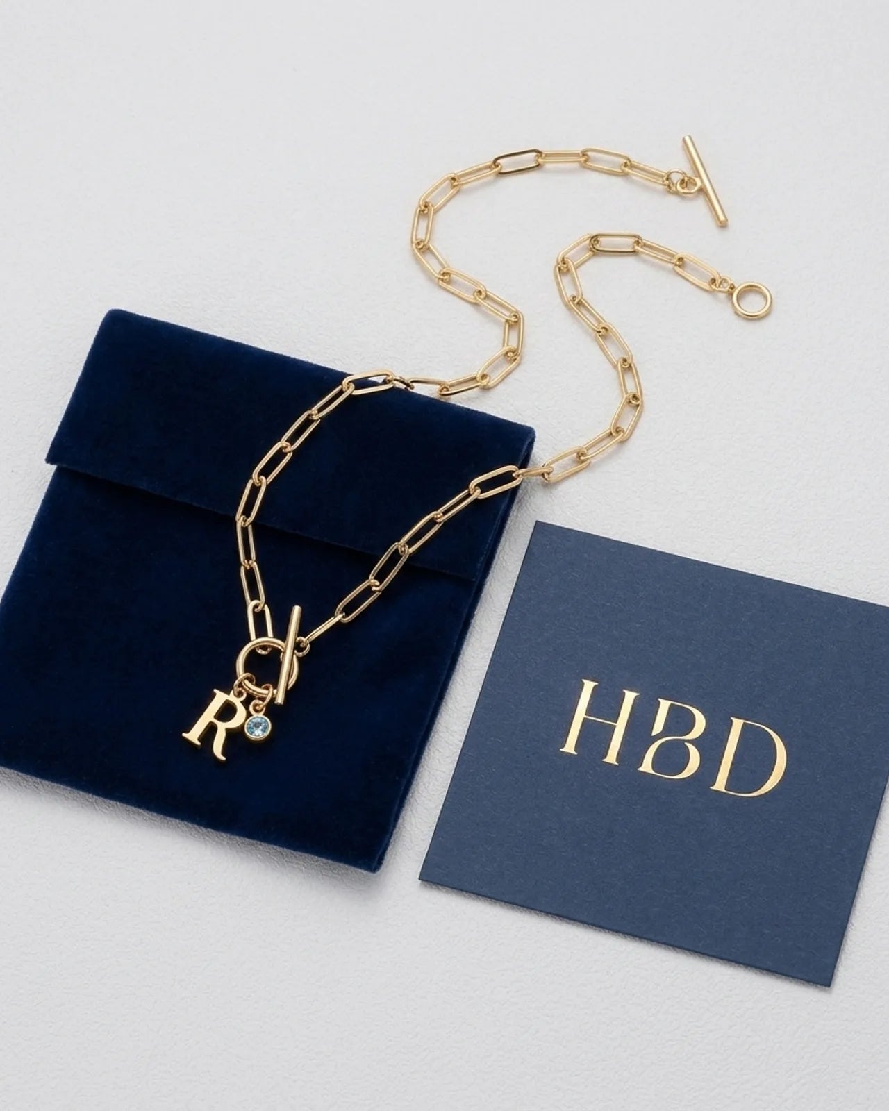 Initial Necklace with Oval Belcher T-bar Chain & Multiple Charms in Gold or Silver