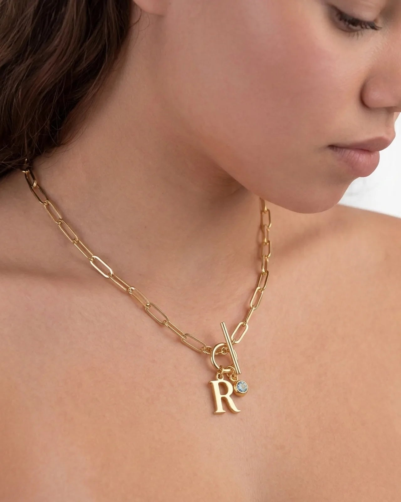 Initial Necklace with Oval Belcher T-bar Chain & Multiple Charms in Gold or Silver