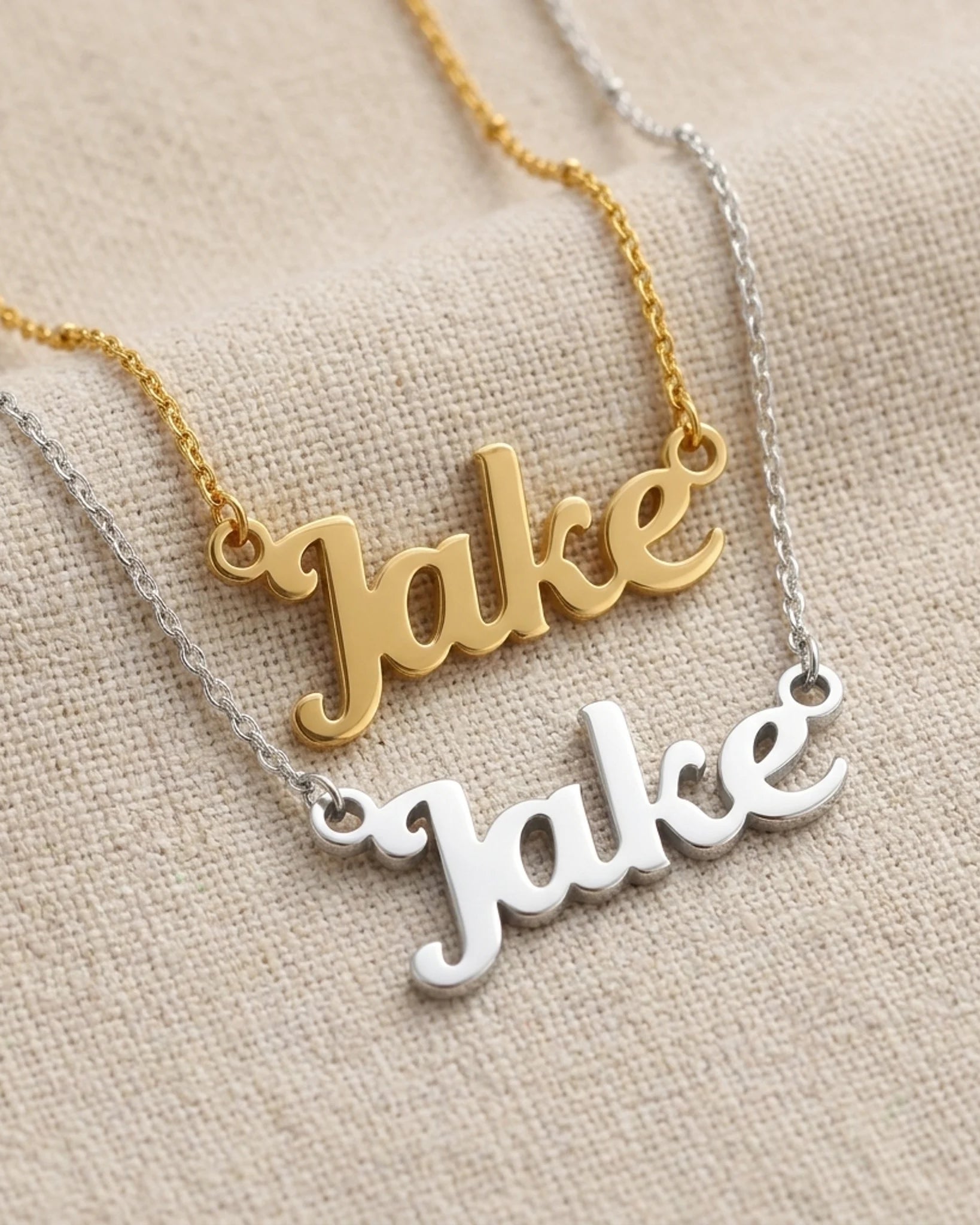 Jake Name Necklace | 18ct Gold, Silver & Vermeil | Ready to Ship