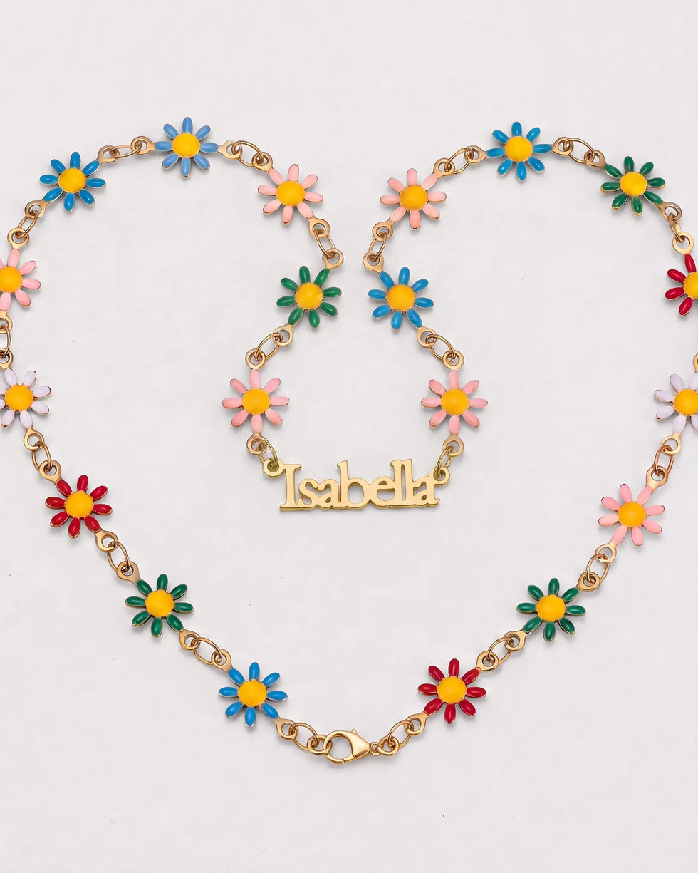 Personalised Kids Daisy Chain Name Necklace in 18ct Gold