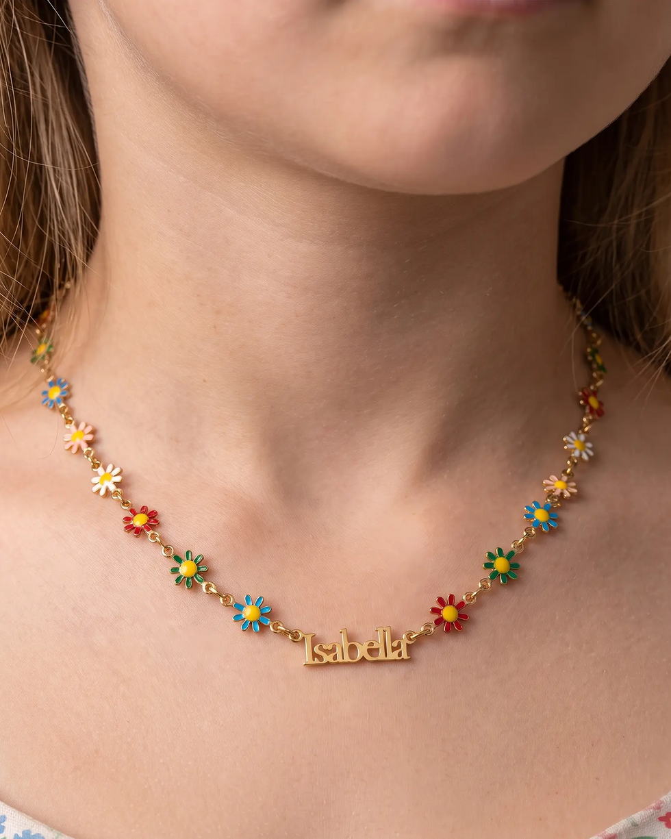 Personalised Kids Daisy Chain Name Necklace in 18ct Gold