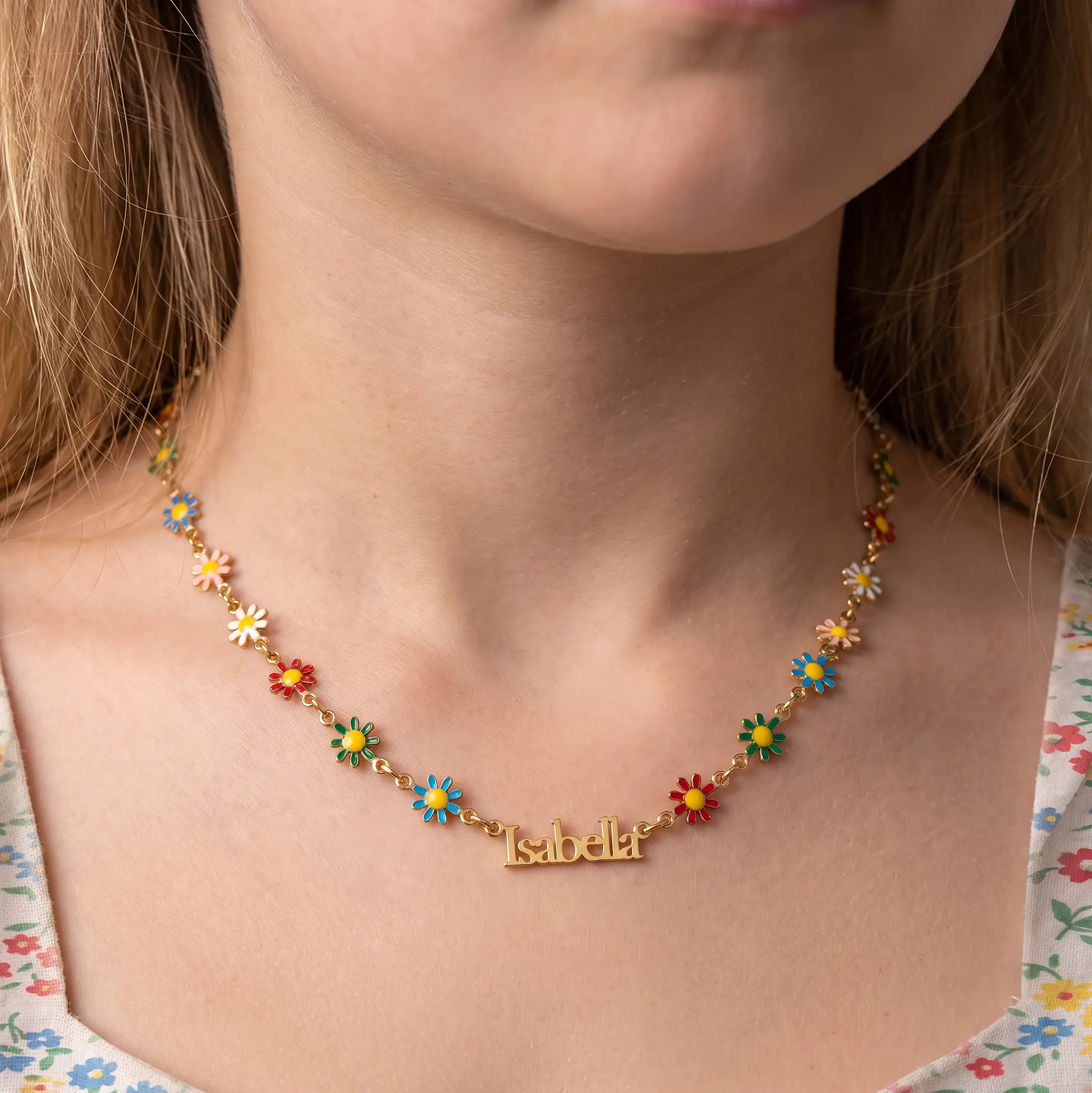 Personalised Kids Daisy Chain Name Necklace in 18ct Gold