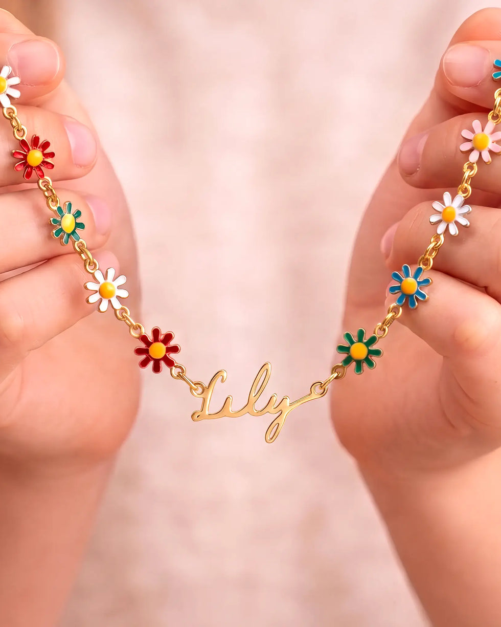 Personalised Kids Daisy Chain Name Necklace in 18ct Gold