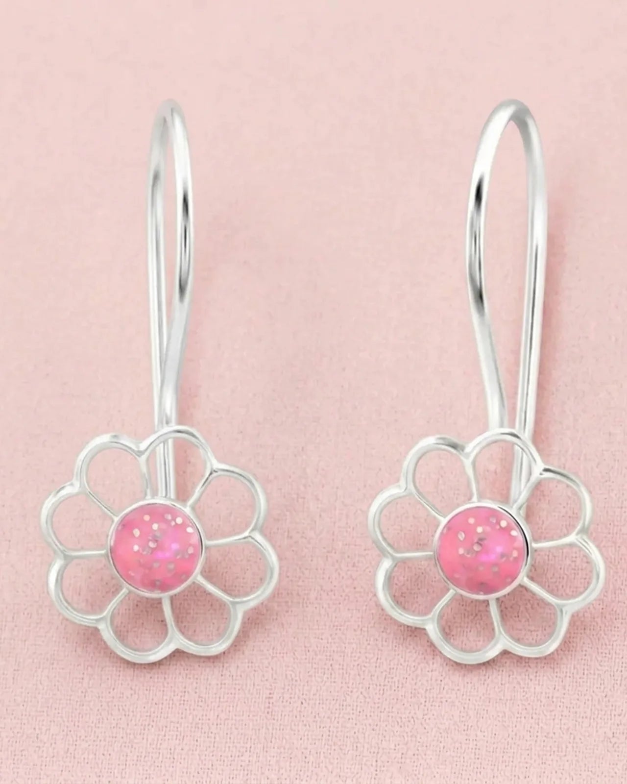 Kids Pink Centred Daisy Drop Earrings