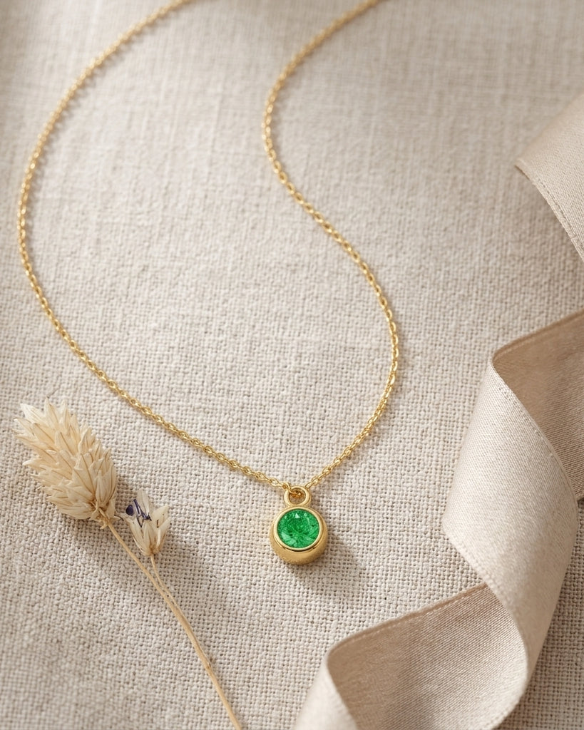 May Birthstone Necklace | Emerald, Gold & Silver
