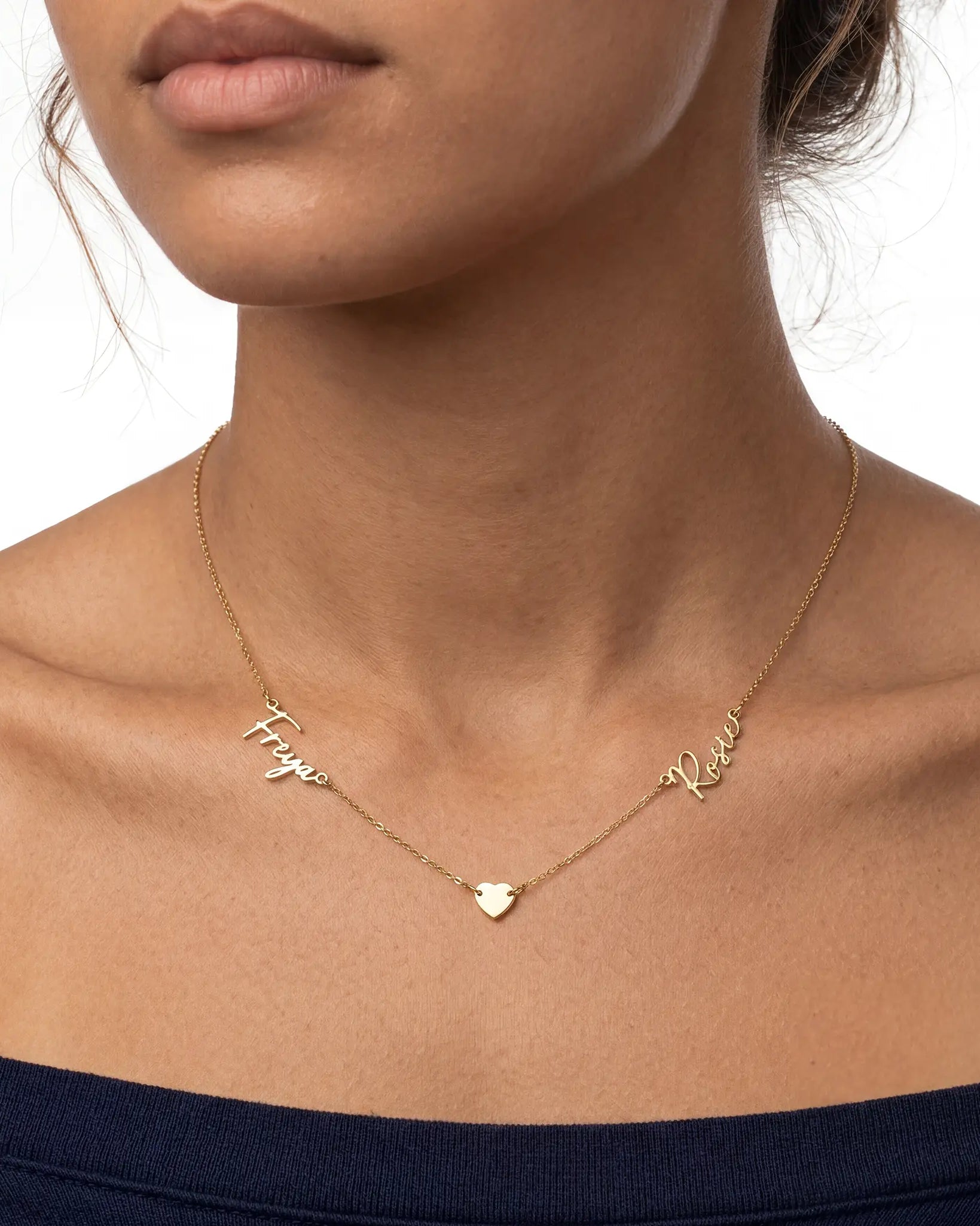 Double Name Necklace with Heart – Vermeil or Solid Silver – Personalised Script Necklace