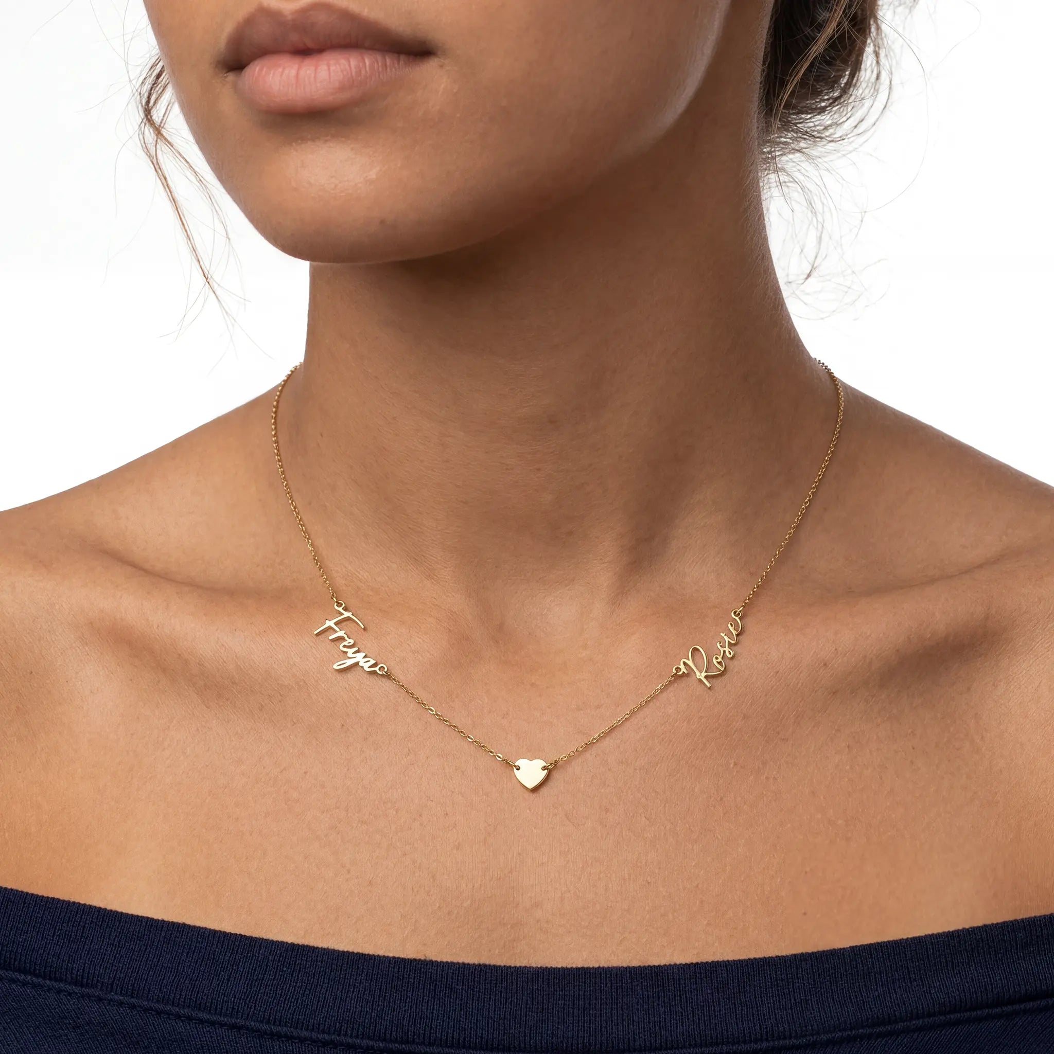 Double Name Necklace with Heart – Vermeil or Solid Silver – Personalised Script Necklace