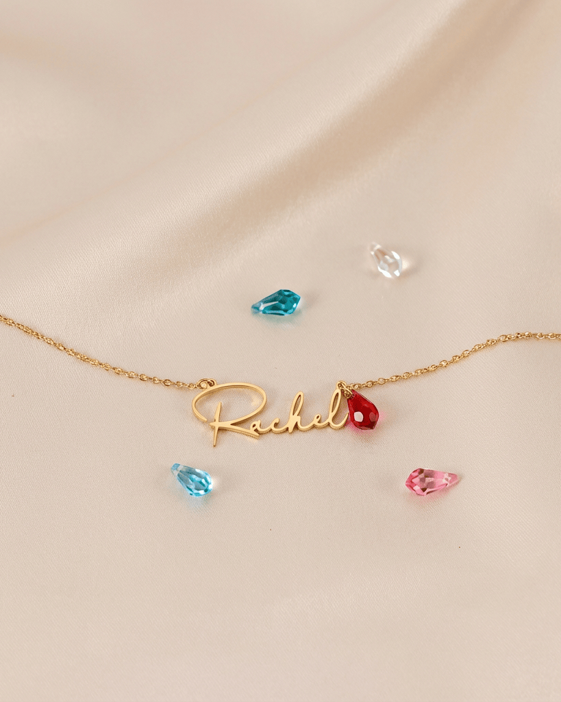 Necklace Birthstone Personalised Name Necklace HBD Birthstone Personalised Name Necklace in 18ct Gold & Sterling Silver